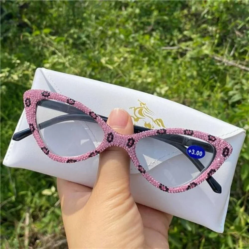Glam Pink Rhinestone Cat-Eye Glasses – Sparkly Vintage Statement Frames X2.5 Mag
